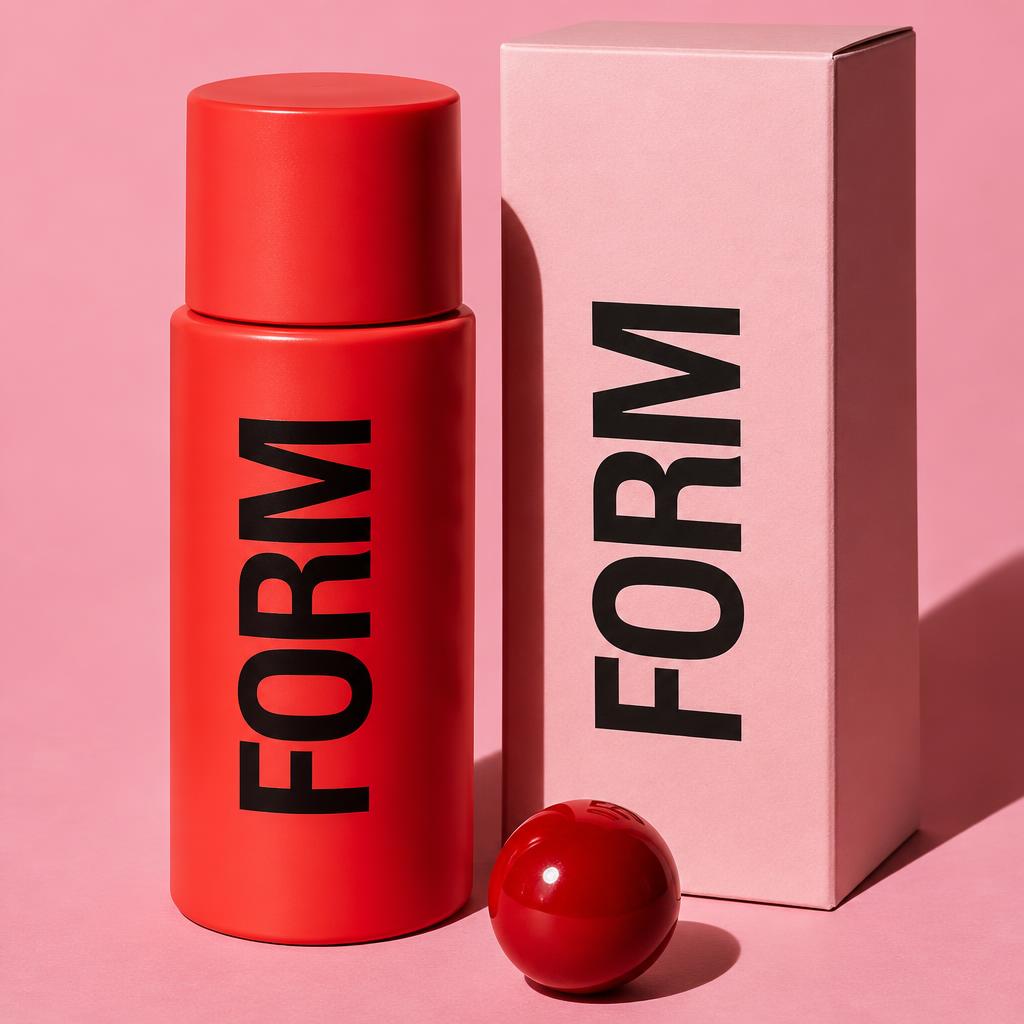 FORM skincare brand concept with vibrant red and pink packaging